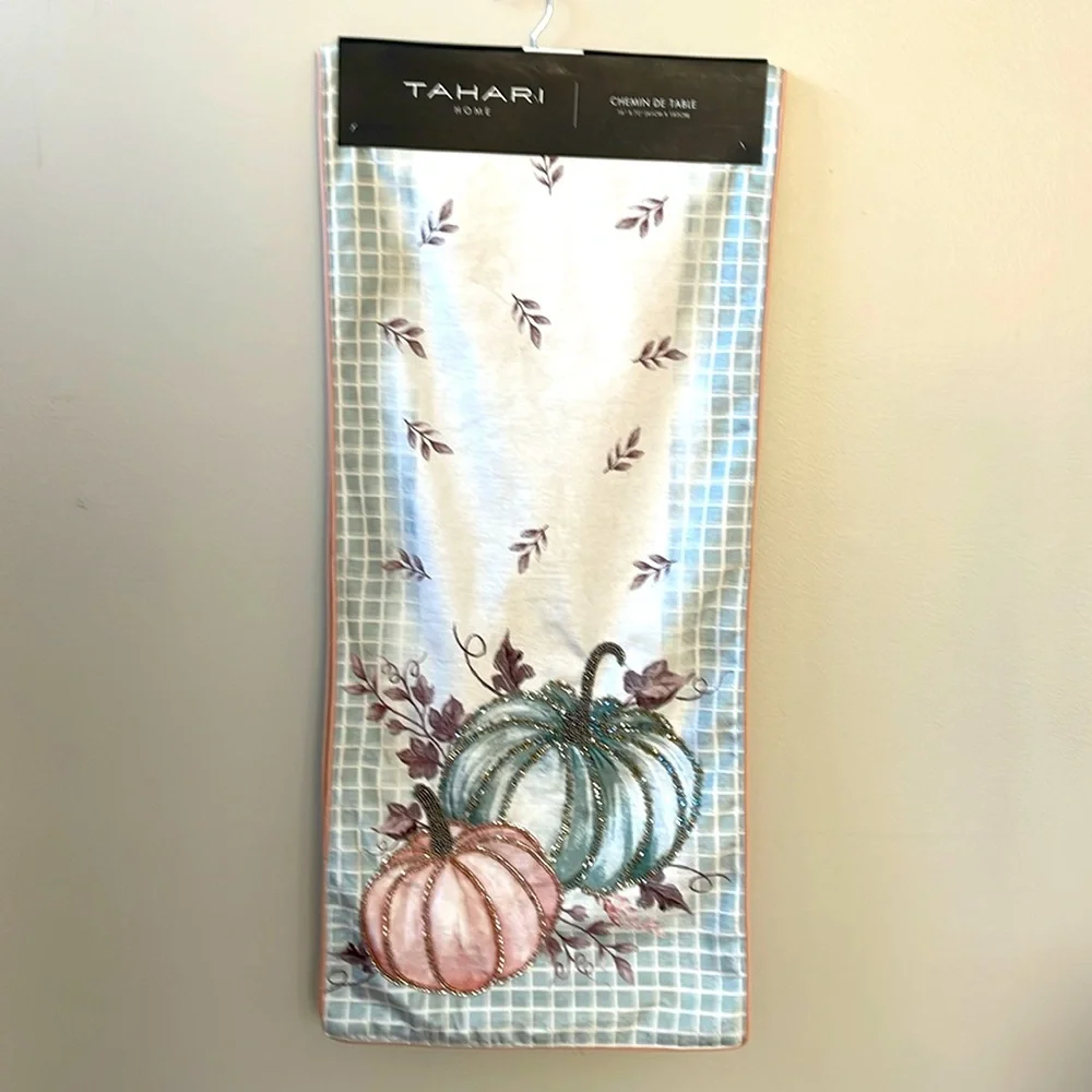 Tahari, Fall Pumpkin with Autumn Leaf Theme Beaded Table Runner 16” x 72”
